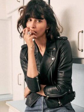 Sezane Zig Black Leather Biker Jacket, size FR 44, US 12